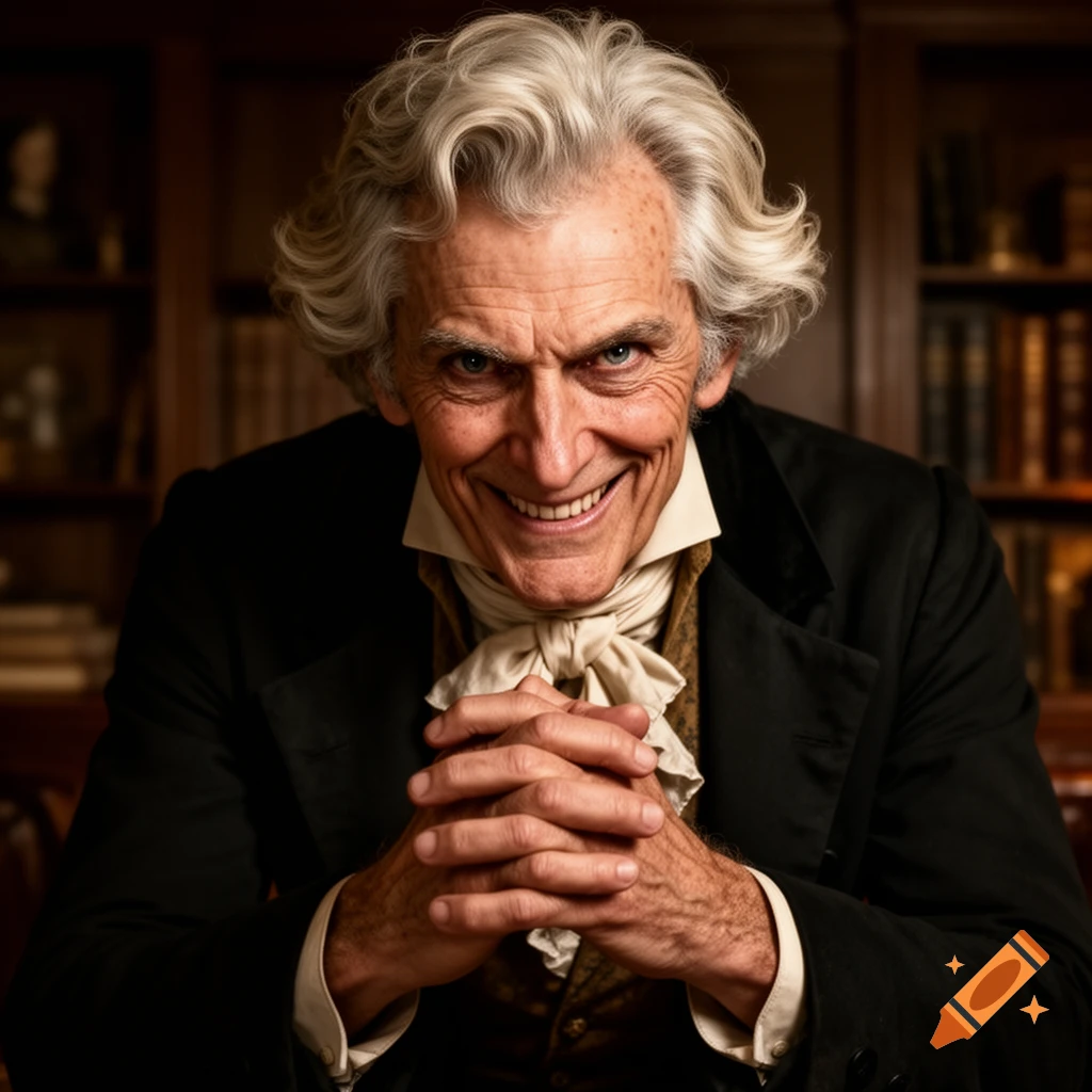 A white-haired man in historical attire with a sinister smile and clasped hands sits in a dimly lit library.