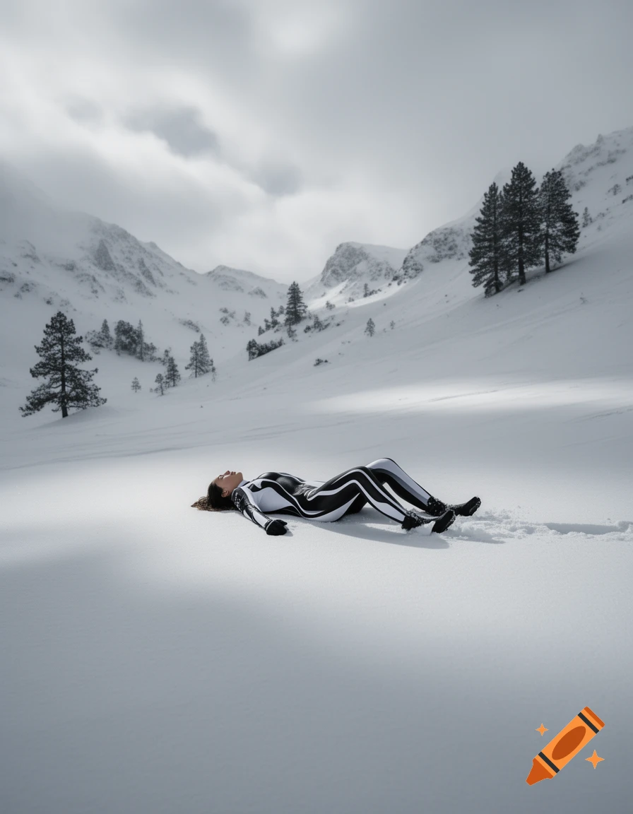 A person in a black and white striped suit lies on a vast snowy plain, with mountains and pine trees under a cloudy sky.