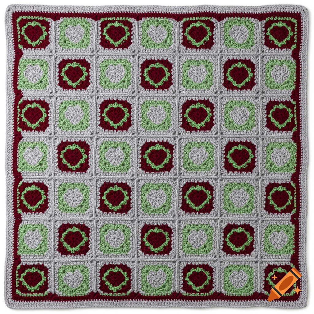 Crocheted blanket with a grid pattern of squares. Alternating squares feature red hearts on a gray background and gray hearts on a light green background, with a red border.