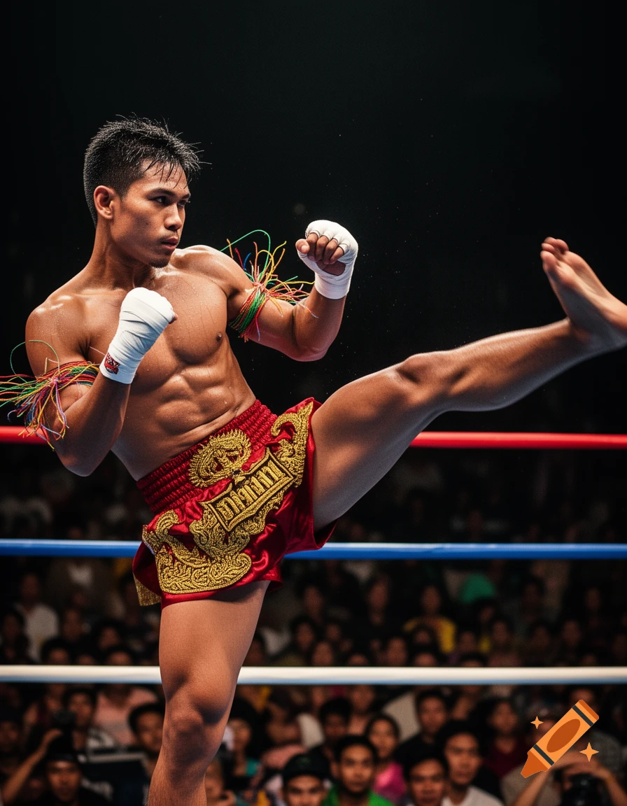 A male Muay Thai fighter in red shorts with gold trim performs a high kick in a ring. Photorealistic.