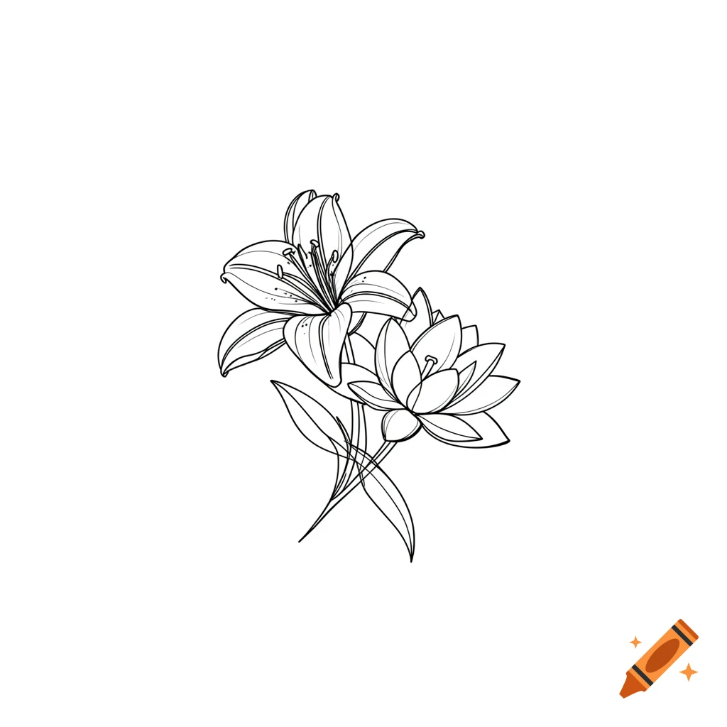 Minimalist black line art illustration of a lily and a lotus flower entwined on a white background.
