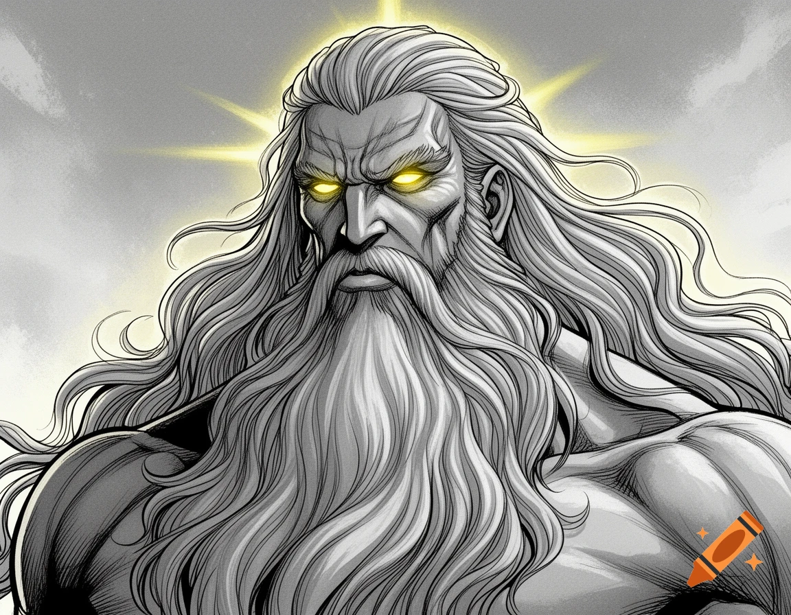 Manga sketch of a powerful, stern-faced man with long grey hair, a beard, glowing yellow eyes, and a radiant halo.