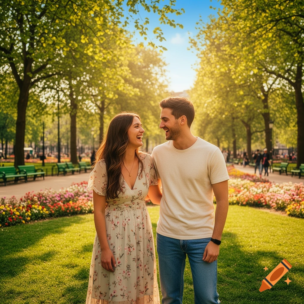 A smiling couple, a man and a woman, walk through a sunlit park with ...