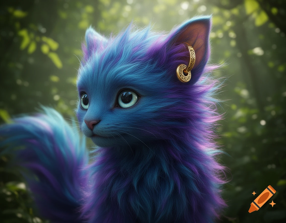 A whimsical fantasy cat with fluffy blue and purple fur, large eyes, and a golden earring in a soft-focus forest.