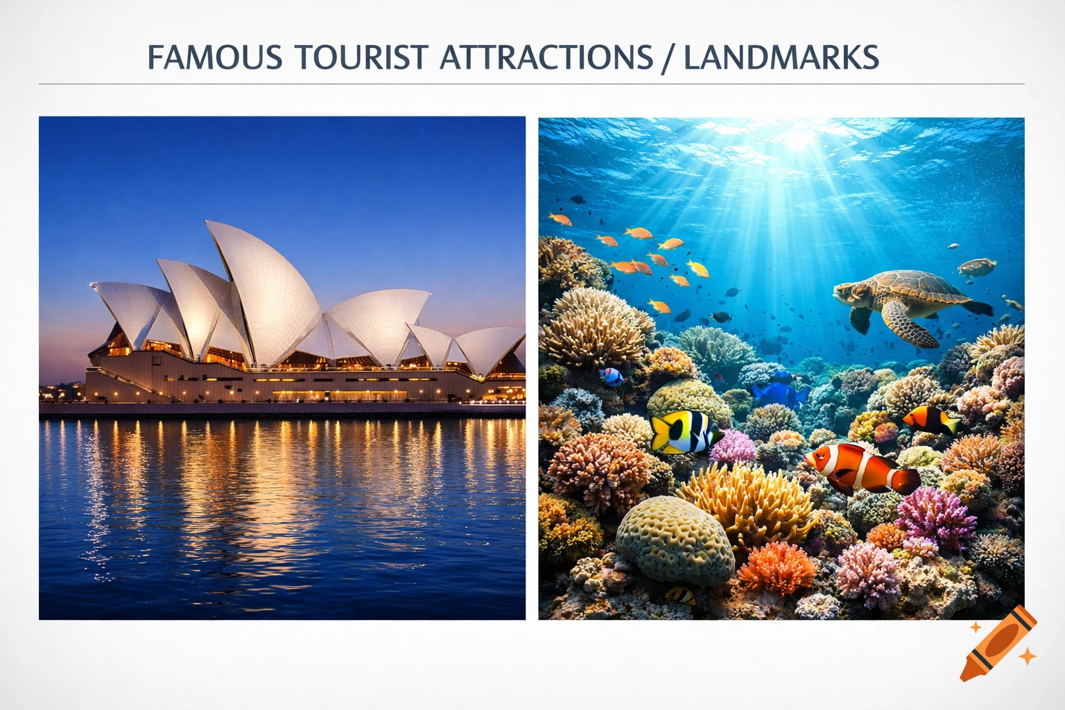 A PowerPoint slide titled 'FAMOUS TOURIST ATTRACTIONS / LANDMARKS' showing the Sydney Opera House at dusk and a colorful coral reef with marine life.