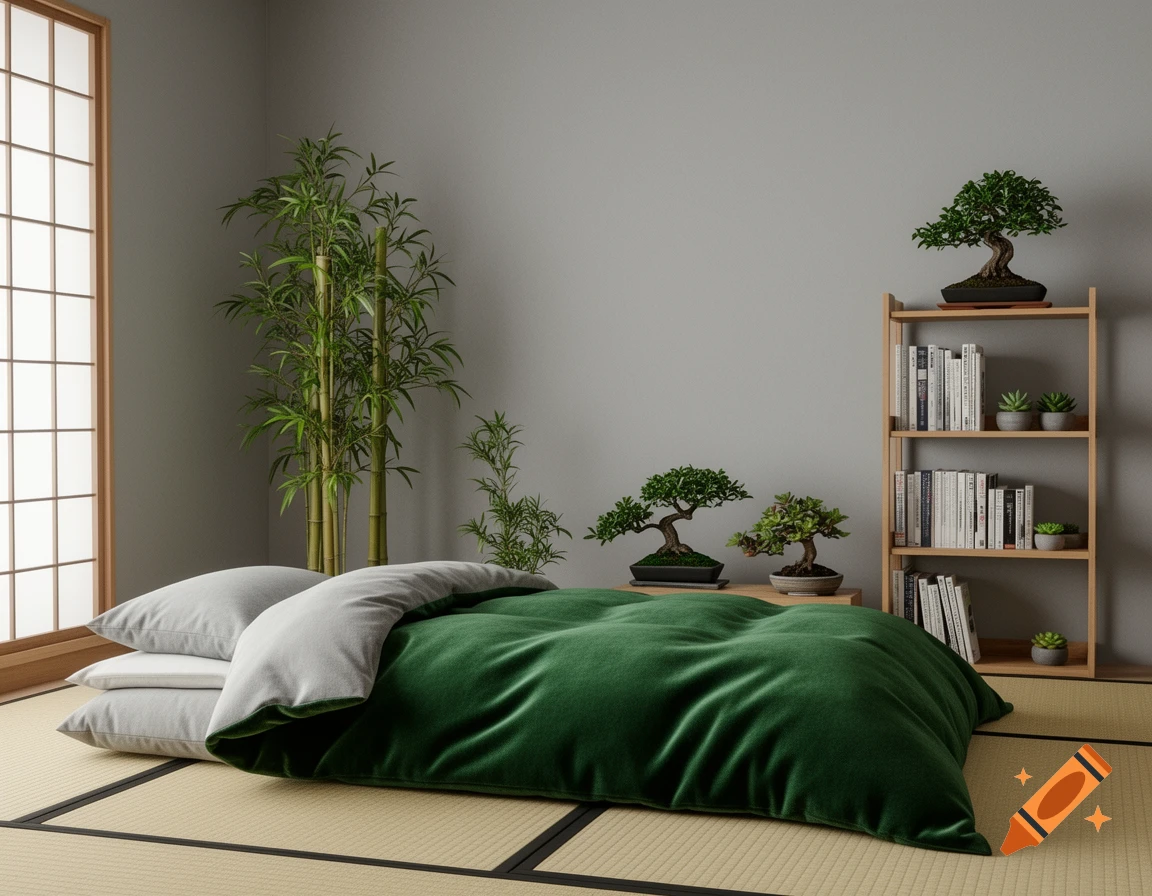 A photorealistic Japanese-style bedroom with a green futon blanket, bamboo plants, bonsai trees, and a wooden bookshelf.