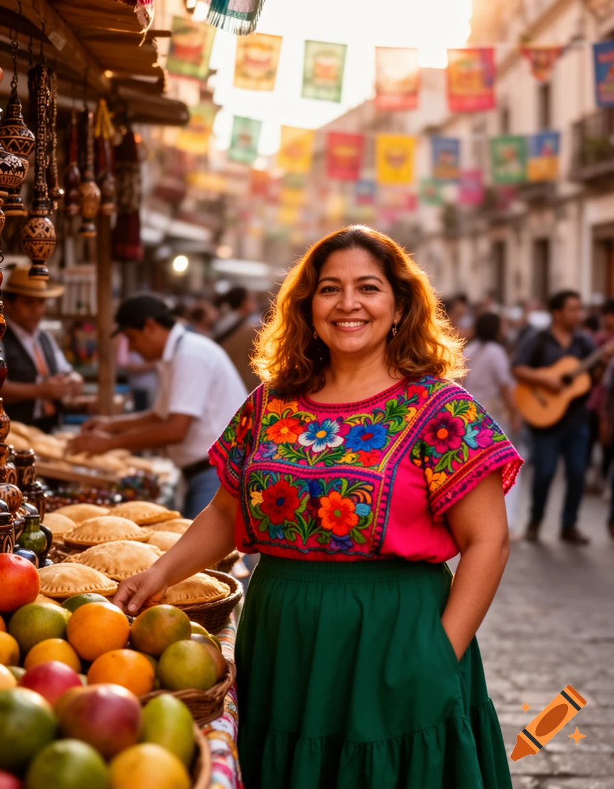 Smiling Latina woman in a colorful embroidered blouse and green skirt, standing by a fruit and pastry stall at a lively outdoor market.