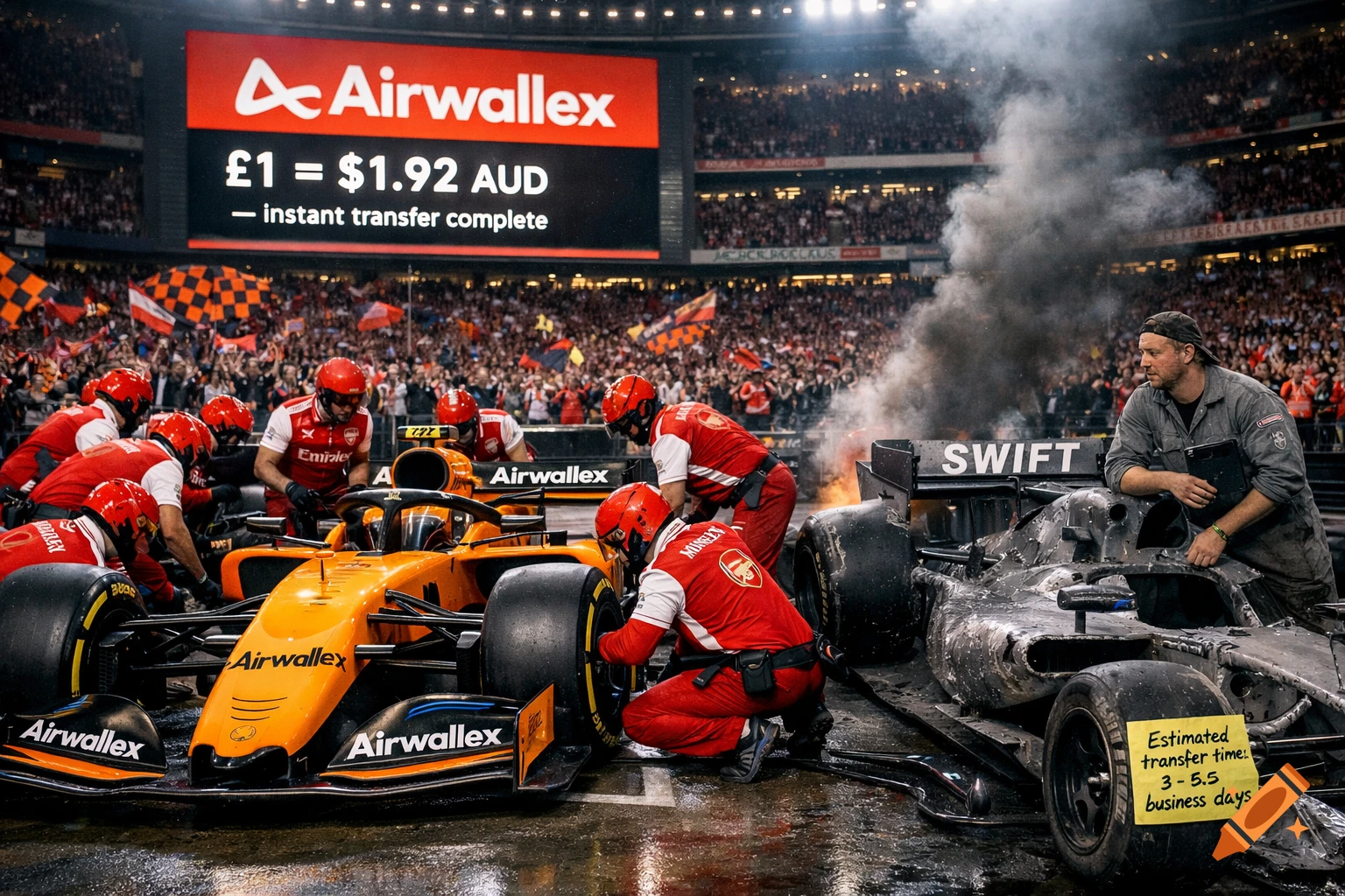 Photorealistic image of a chaotic Formula 1 pit stop at night inside a stadium, with a papaya-orange McLaren and a smoking, damaged grey car.