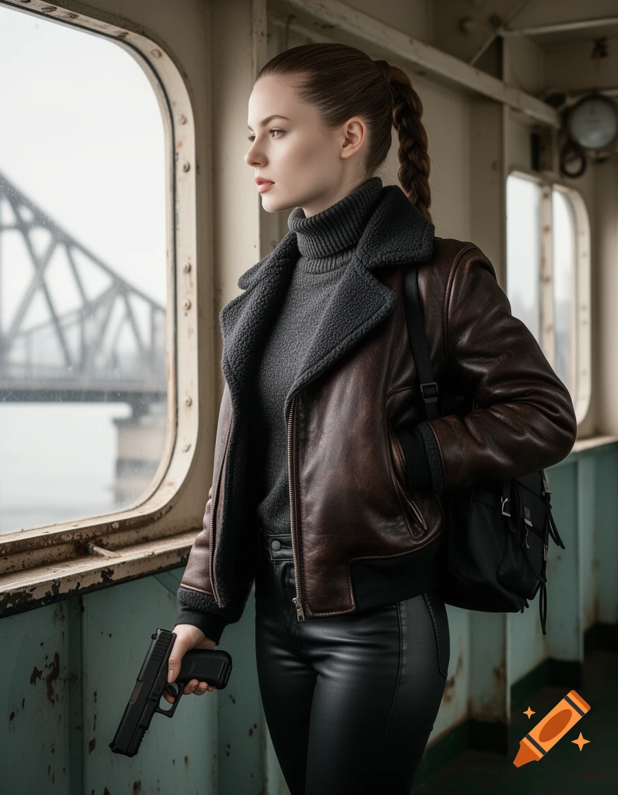 A woman in a brown shearling bomber jacket and black leather pants holds a gun, looking out a ship window at a bridge.