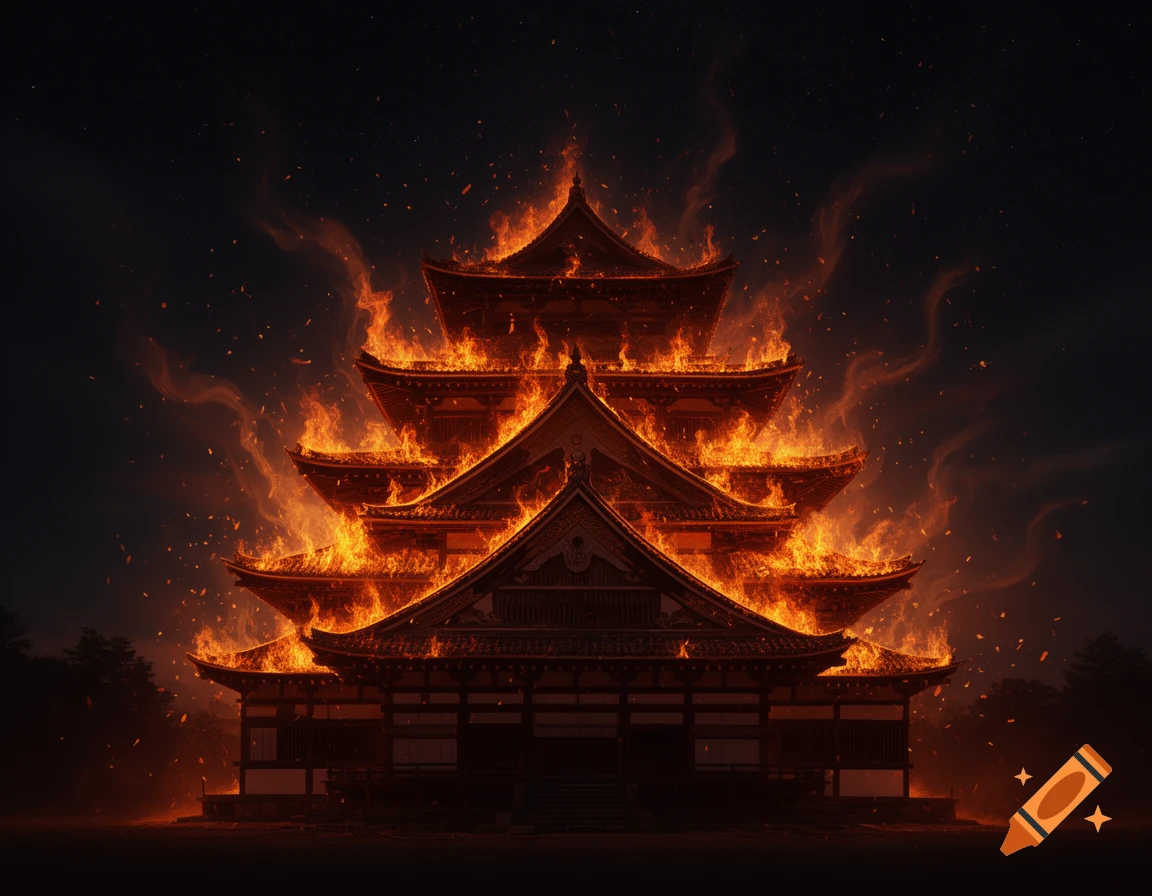 A multi-tiered Japanese castle engulfed in intense flames at night, with embers and smoke rising against a dark sky.