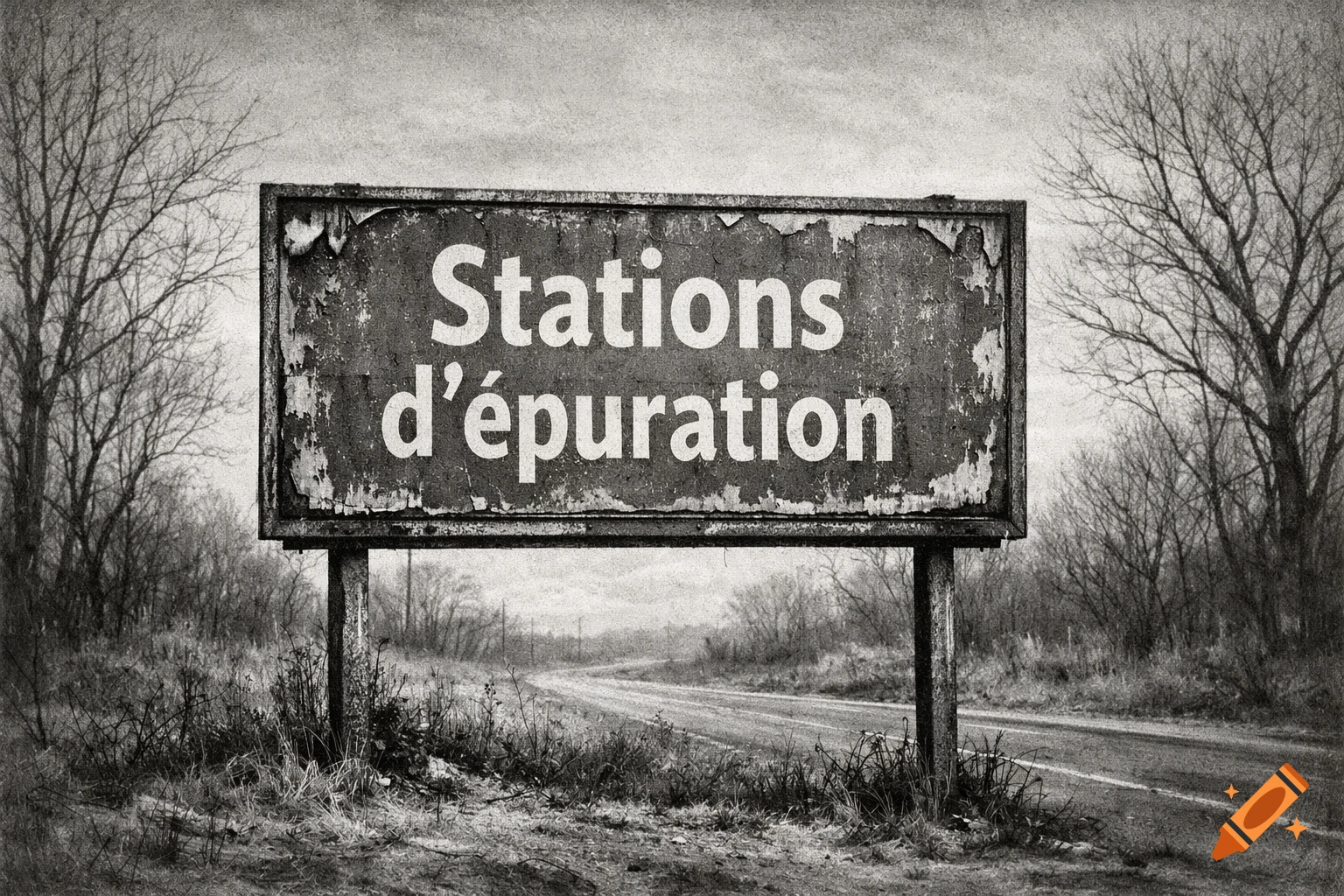 A weathered black and white sign reading "Stations d'épuration" stands beside a winding desolate dirt road with bare trees.