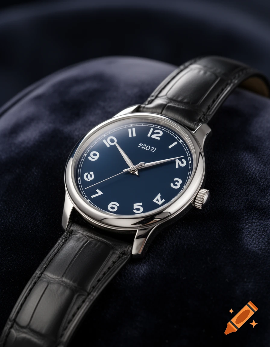 A close-up, high-angle shot of a silver watch with a dark blue face and a black leather strap, resting on dark blue velvet.
