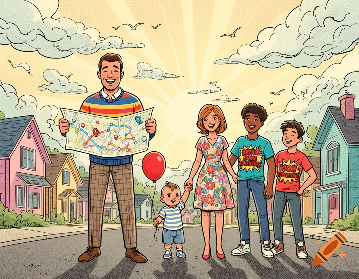 A comic-style family of six stands on a suburban street. The father holds a map, and two boys wear 'Adventure' shirts.