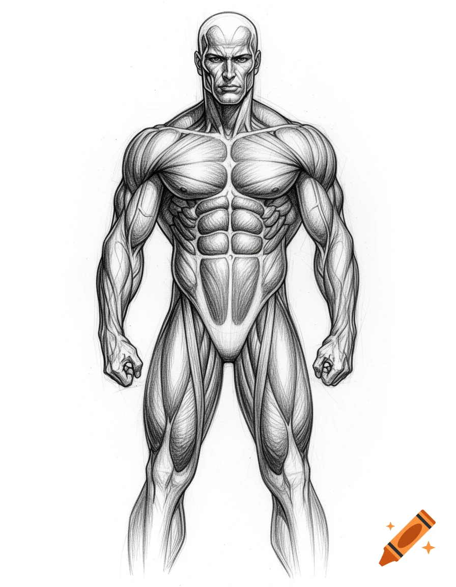 Grayscale pencil sketch of a bald, very muscular man with defined abs, standing with clenched fists.