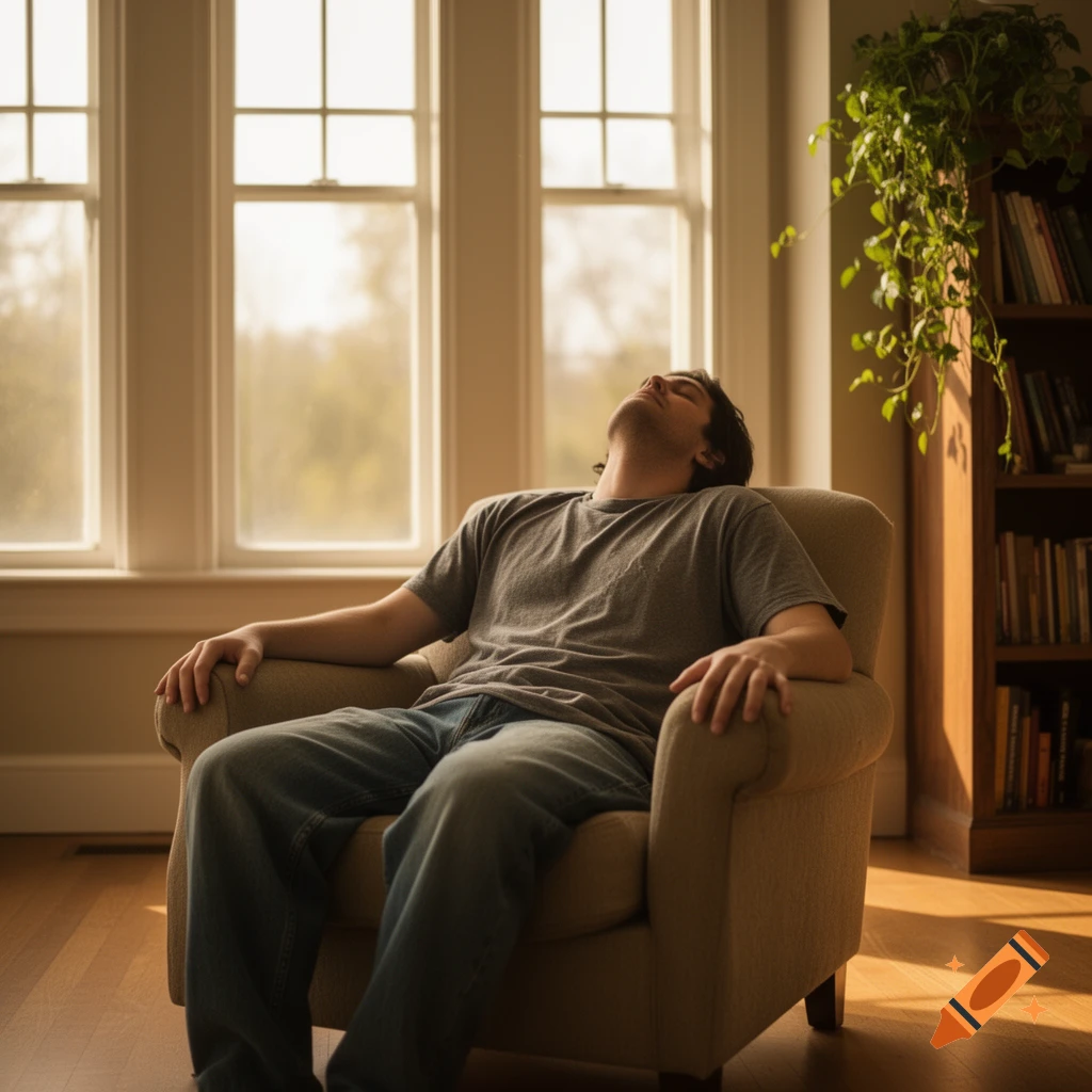 Man resting with his head back in an armchair by a sunlit window, with a bookshelf and plant in the background.