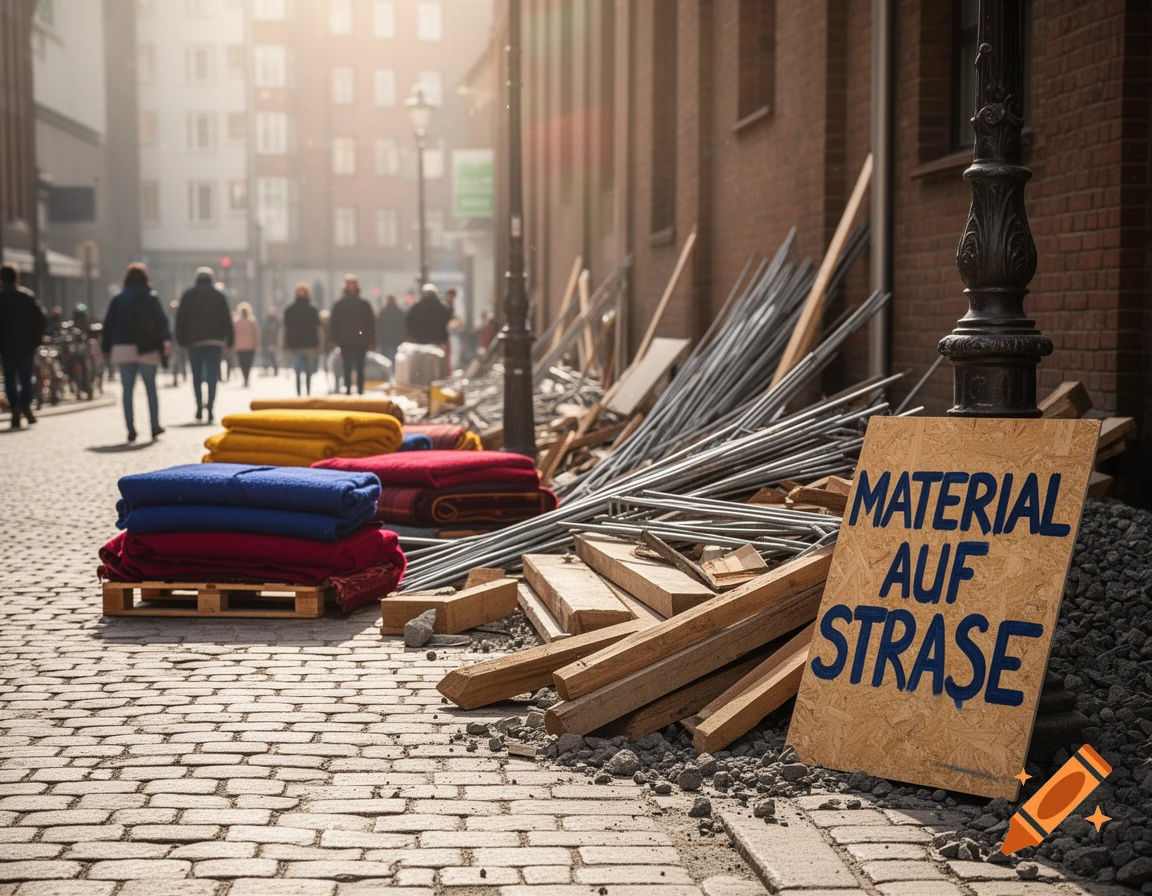 A sunny cobblestone street with blue, red, and yellow blankets on pallets, construction debris, and a sign reading 'MATERIAL AUF STRASSE'.