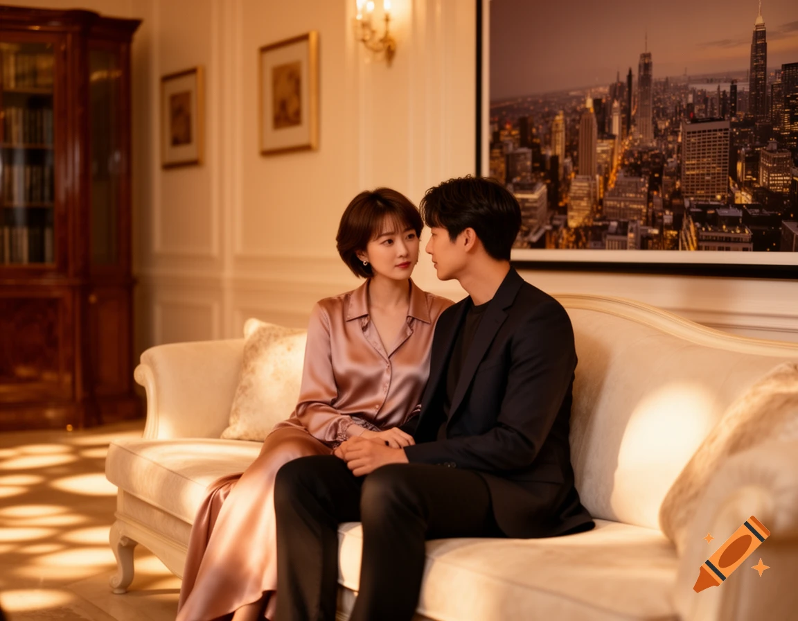 A Korean couple sits intimately on a sofa in a warm-lit living room, looking into each other's eyes, photorealistic.
