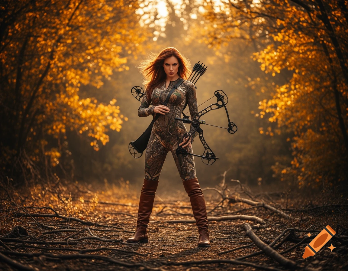 A red-haired woman in a camouflage catsuit and boots poses with a bow and arrows in a golden autumn forest.