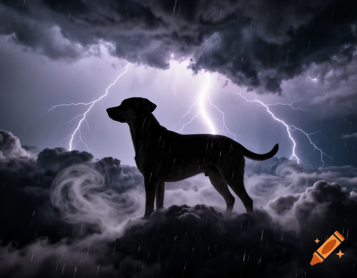 A silhouette of a dog stands atop dark, swirling storm clouds with lightning striking in the background and rain falling.