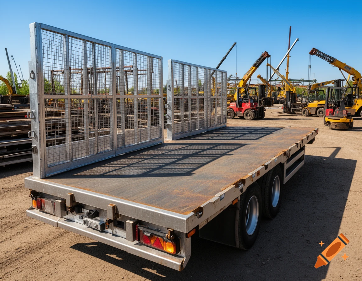 A low bed trailer with high mesh sides parked on a dirt lot, with construction cranes and forklifts in the background under a blue sky.