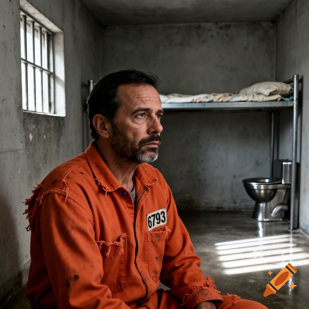 A man in a torn orange prisoner jumpsuit sits pensive in a stark, concrete prison cell with a bunk bed and toilet.
