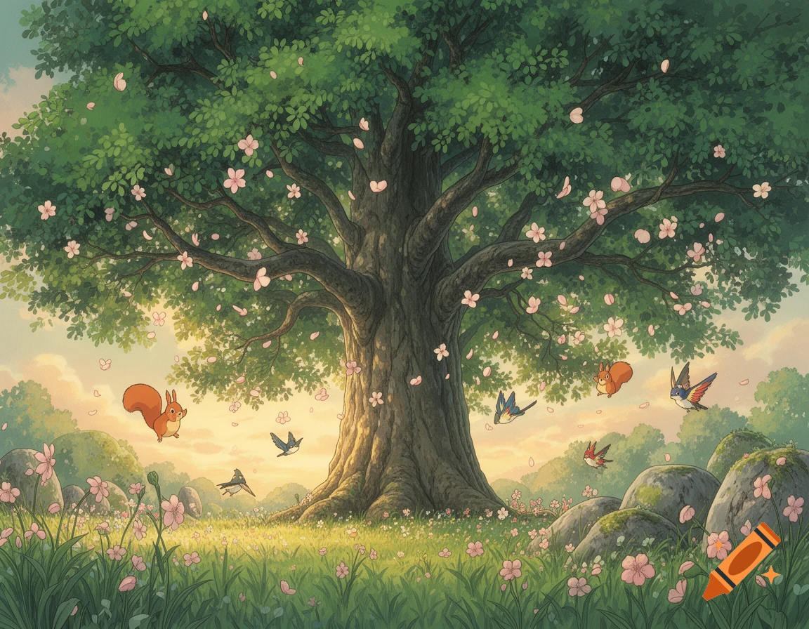 A Ghibli-style animation of a large tree with pink blossoms, squirrels, and birds in a lush green meadow.