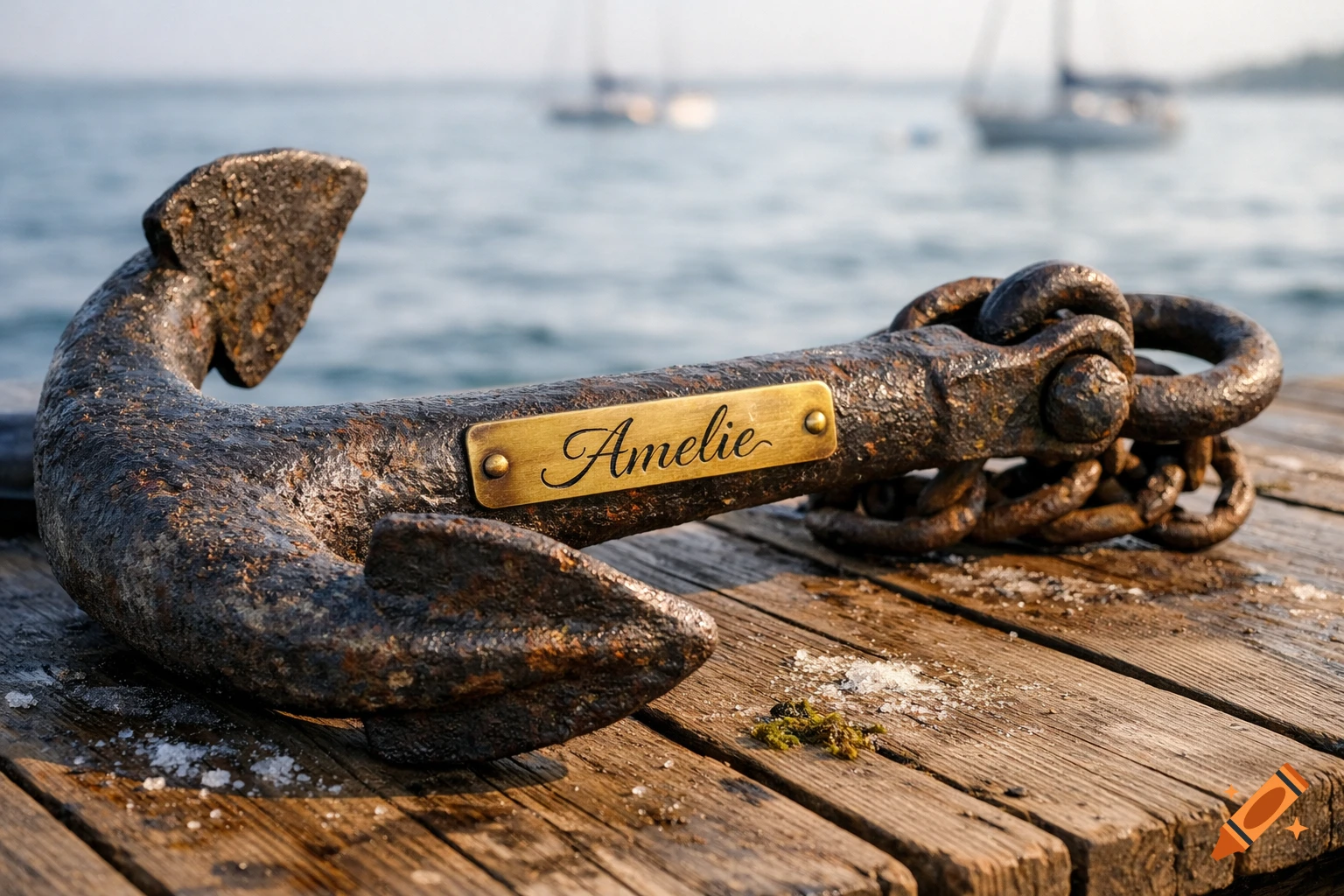 A rustic, rusty anchor with a brass 'Amelie' nameplate rests on a wooden pier, with the sea and sailboats in the background.