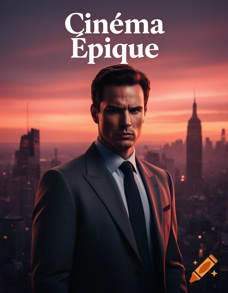 A serious man in a suit against a sunset city skyline, with "Cinéma Épique" text above, in a movie poster style.