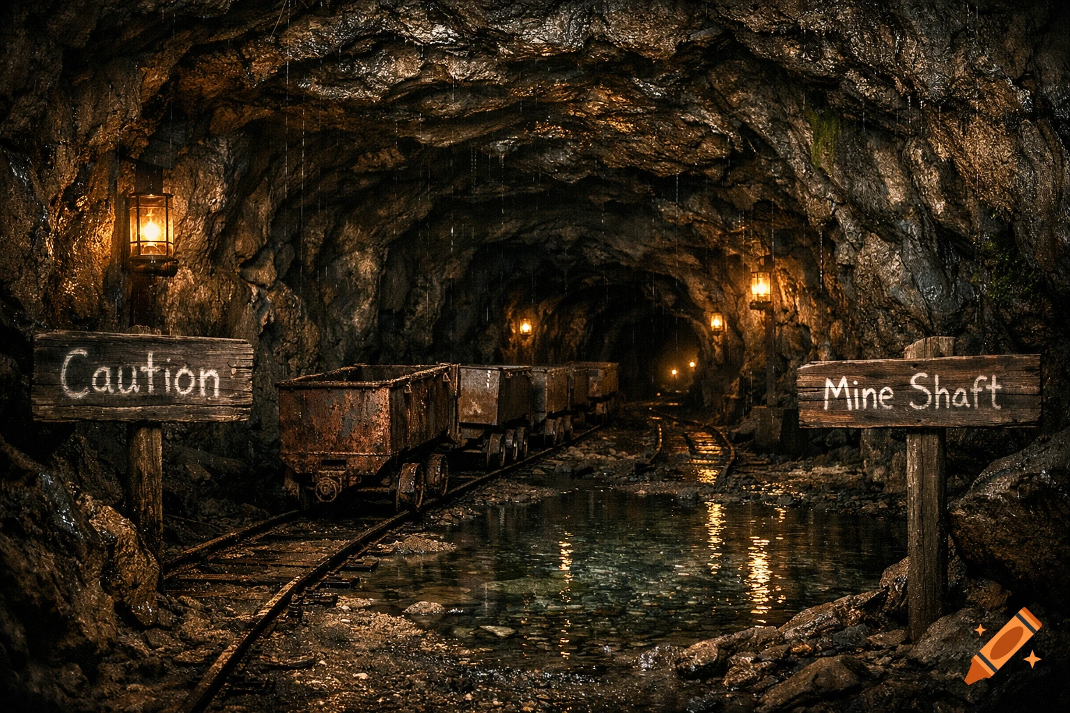 Photorealistic image of a dark, wet mine shaft with glowing lanterns, rusty mine carts on tracks, and wooden signs.