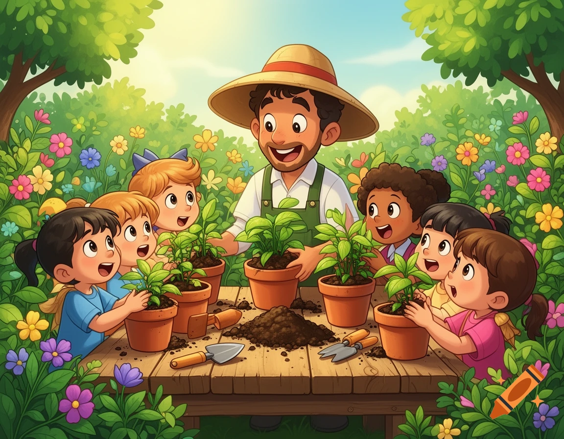 A friendly cartoon gardener teaches diverse children to plant in pots on a table in a vibrant outdoor garden.