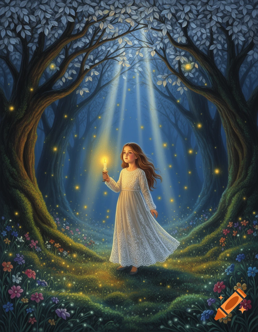 A young girl in a white dress holds a glowing candle, standing in a magical, glowing forest, in a fairytale illustration style.