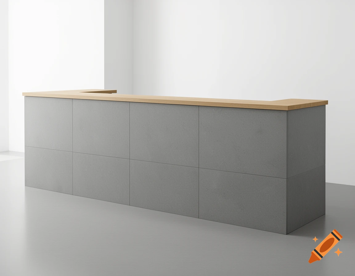 A minimalist, L-shaped grey bar counter with a light wood top in a modern white and light grey room.