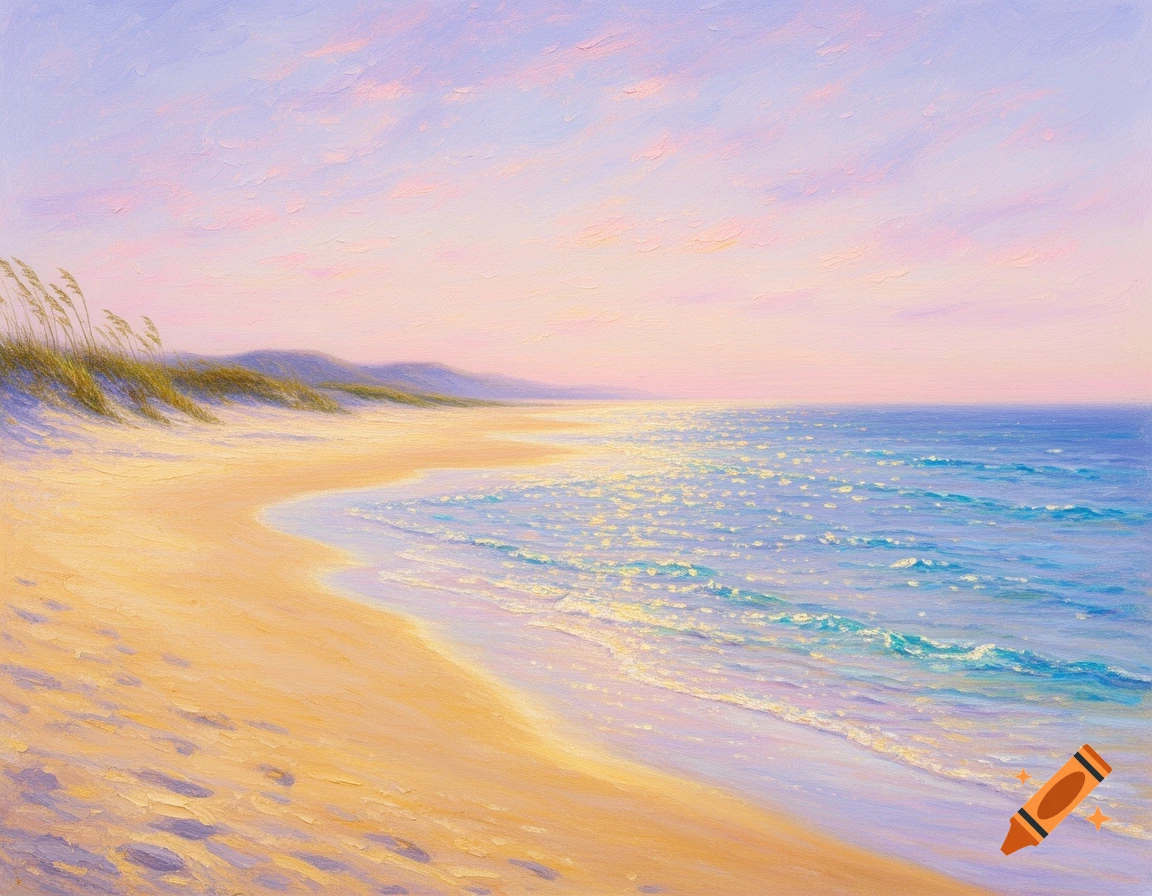 Impressionist painting of a tranquil, solitary beach at sunset with golden sand dunes, soft pink sky, and shimmering blue ocean.