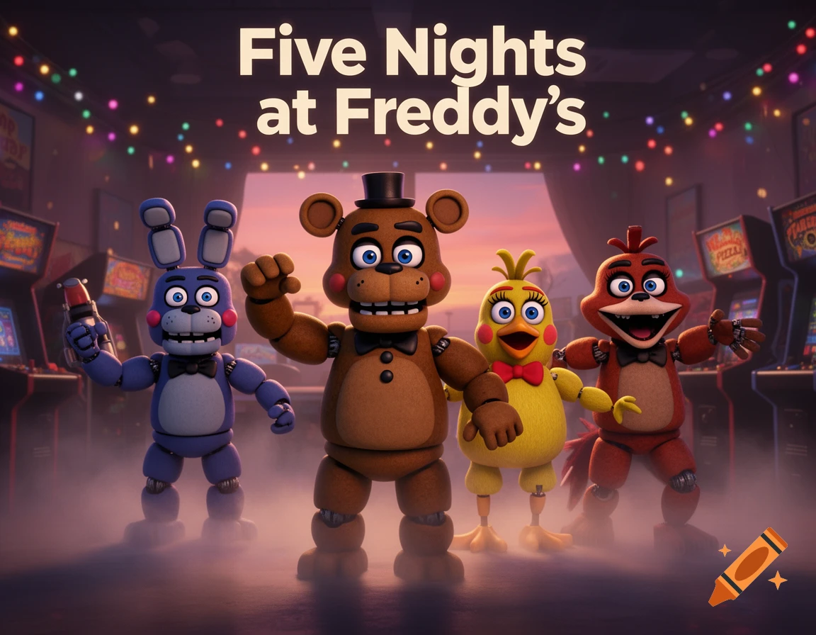 Four animated animatronic characters from Five Nights at Freddy's in a dimly lit arcade with string lights, in a Pixar style.