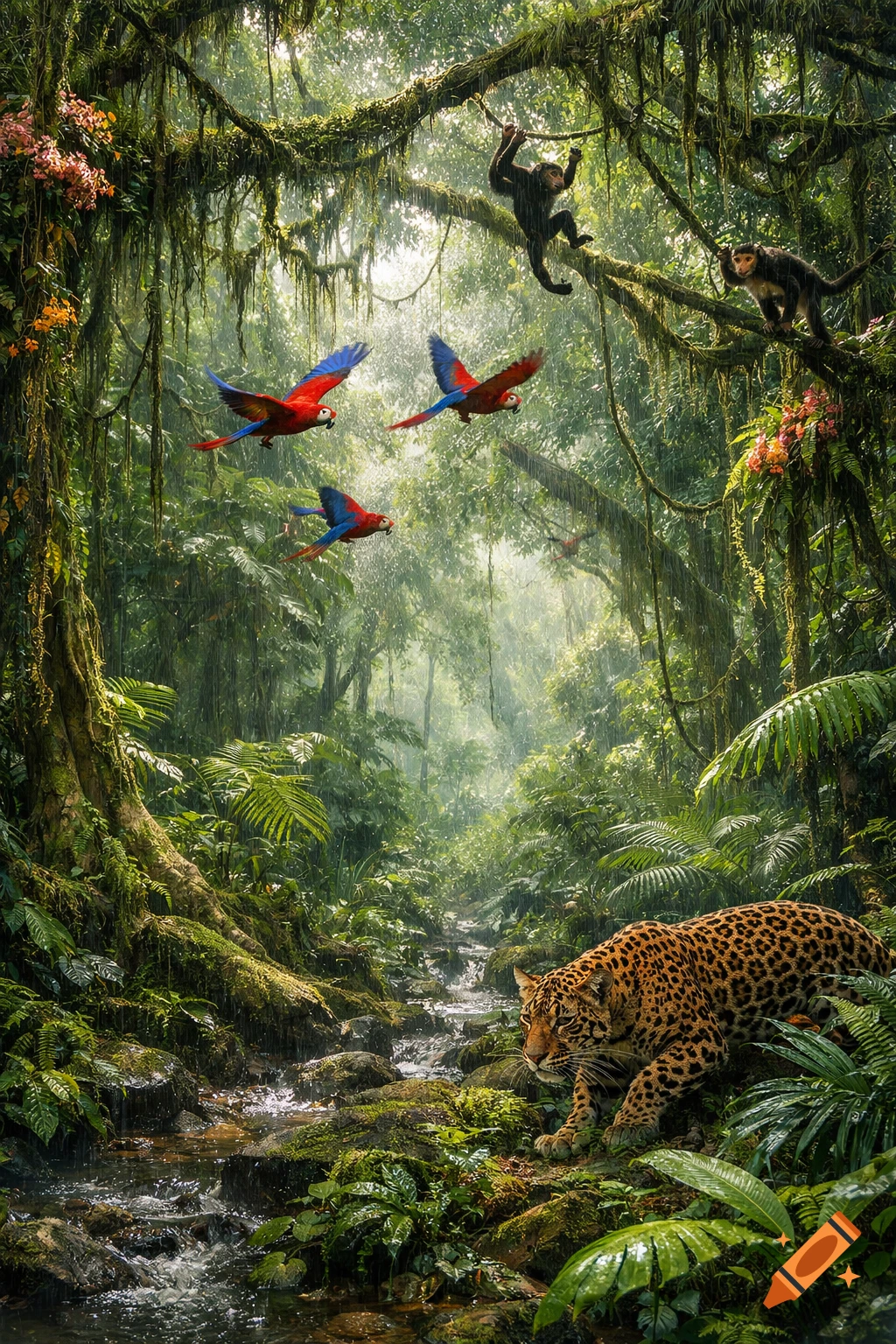 Photorealistic image of a jaguar by a stream in a lush rainforest, with monkeys in trees and parrots flying.