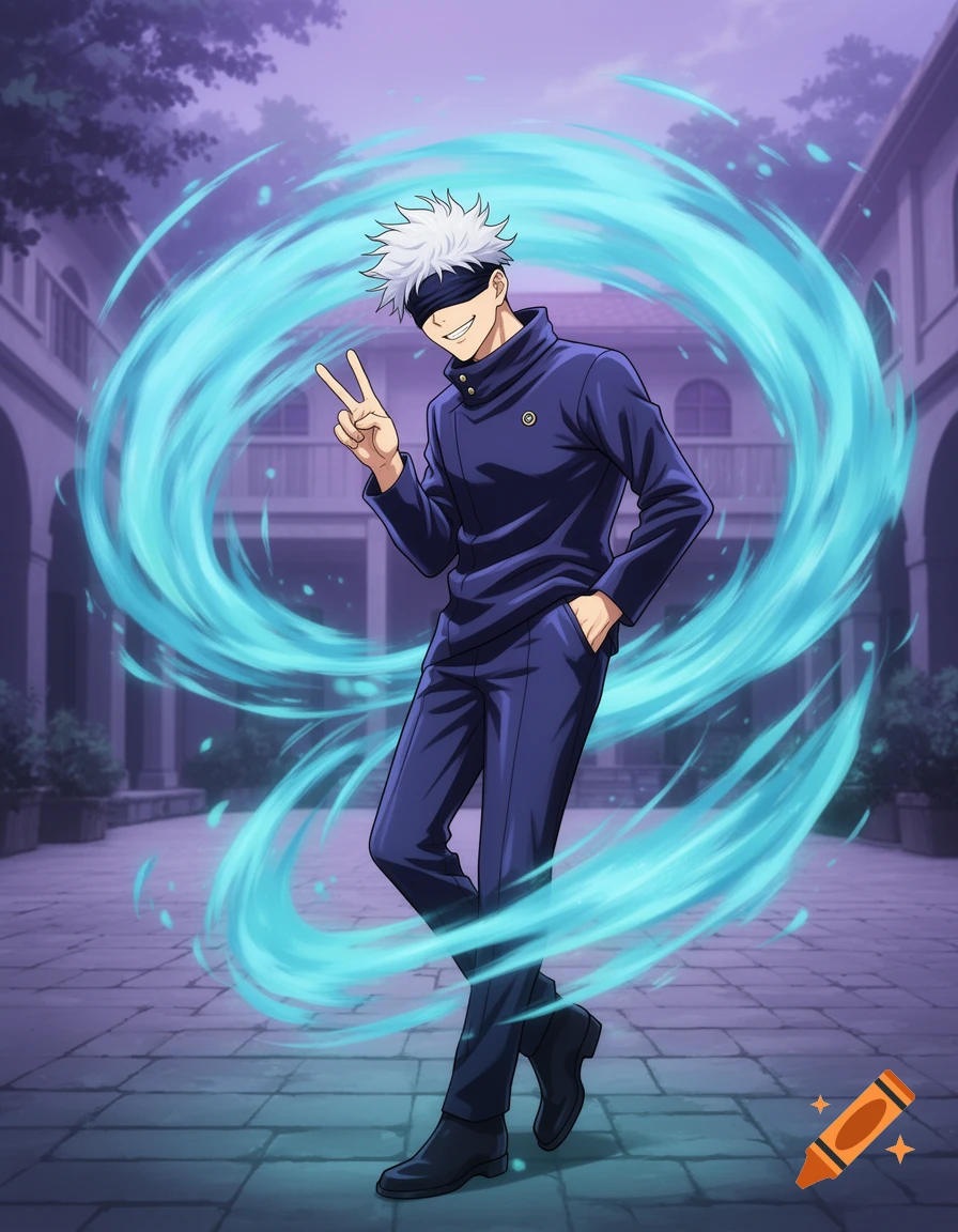 Satoru Gojo from Jujutsu Kaisen, with white hair and a blindfold, makes a peace sign surrounded by blue energy in an anime style.