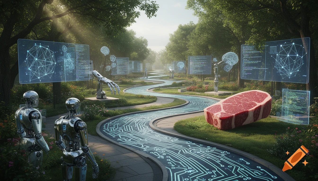 Two robots stand near a winding path with circuit patterns, holographic screens, and a large raw steak in a sunlit forest.
