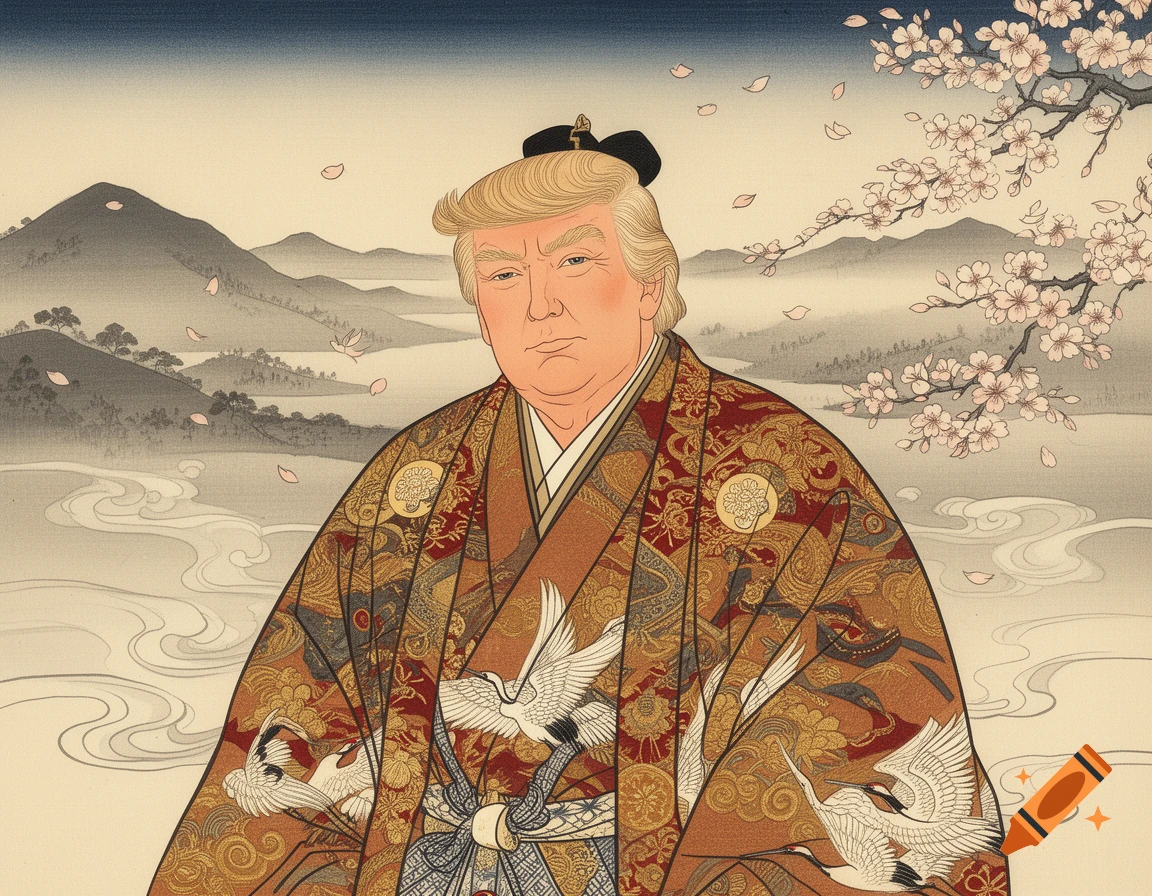 A Japanese woodblock print depicting Donald J. Trump in traditional formalwear, set against a serene mountainous landscape with cherry blossoms.
