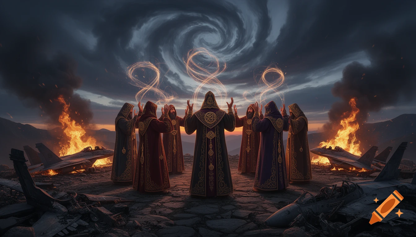 A group of robed figures perform a ritual with glowing magic symbols under a swirling sky, surrounded by burning crashed fighter jets.