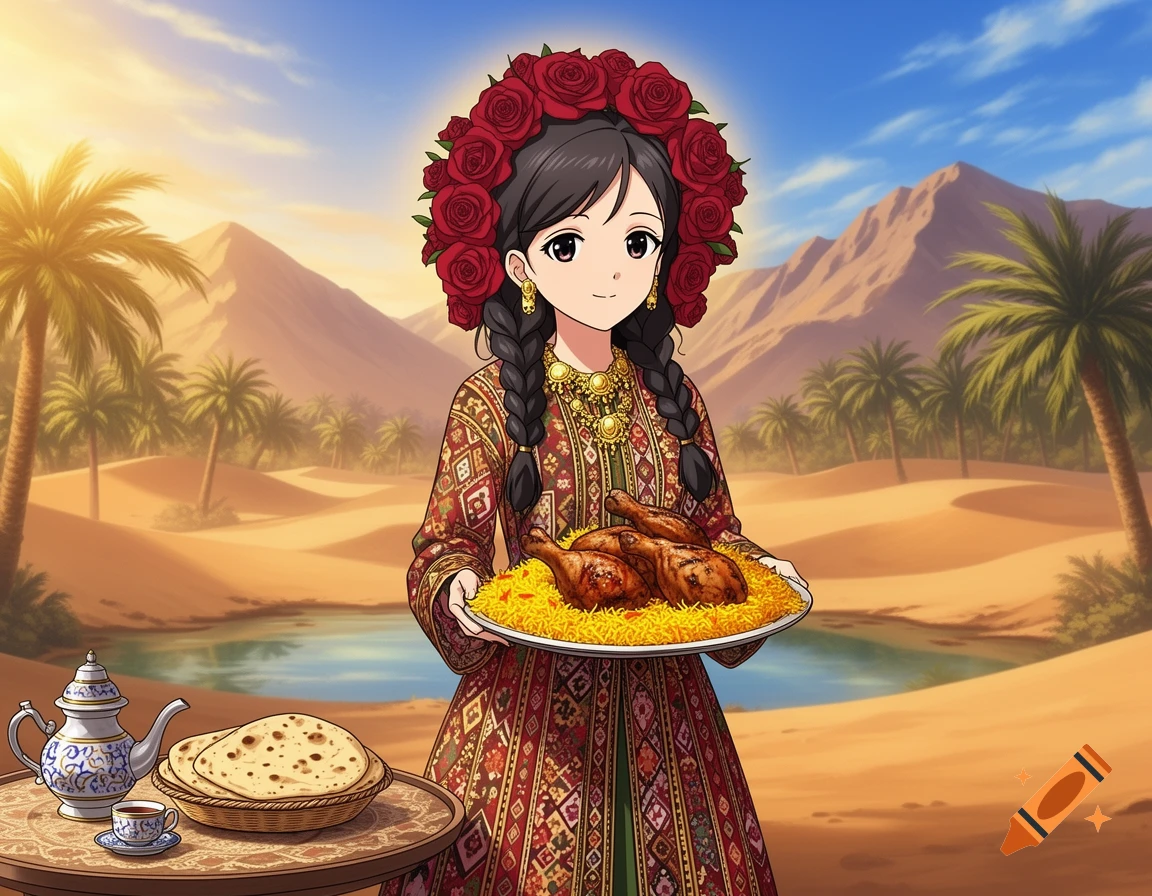 Anime girl in traditional Baloch dress with a halo of red roses holds a tray of chicken biryani in a desert oasis.