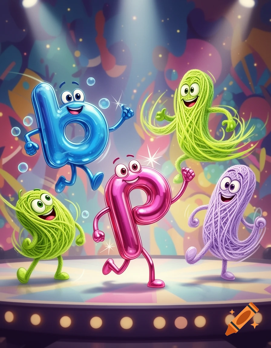 Vibrant cartoon of anthropomorphic blue letter 'b', pink letter 'p', and green and purple yarn characters dancing on a spotlighted stage.