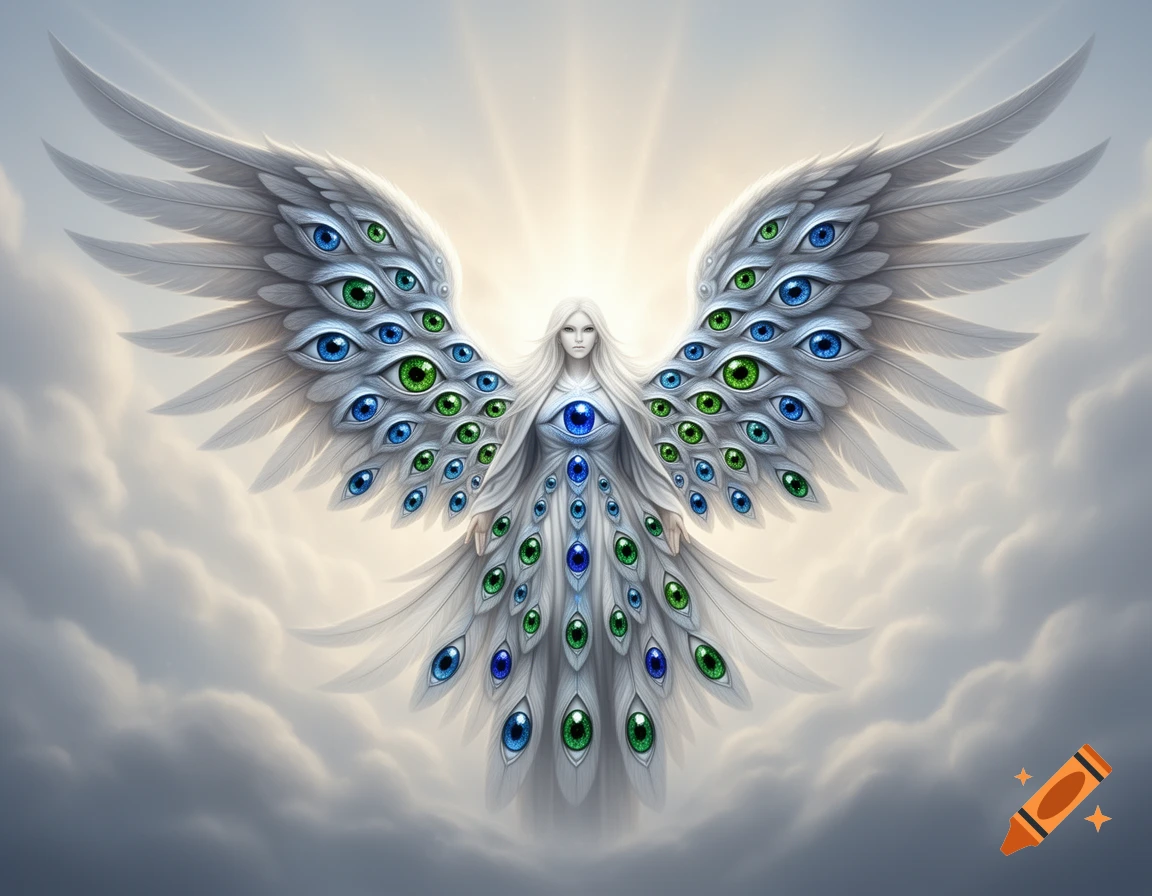 A white-haired angel with large feathered wings covered in numerous blue and green eyes stands among bright clouds.