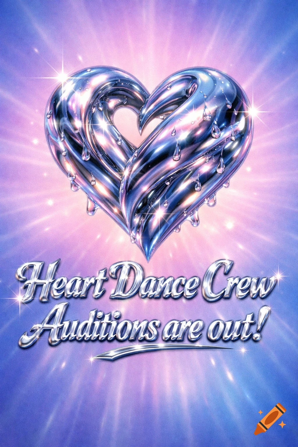 A chrome heart dripping water droplets, set against a pink and blue radial gradient background with sparkles. Text reads: "Heart Dance Crew Auditions are out!" in a futuristic chrome Y2K font.