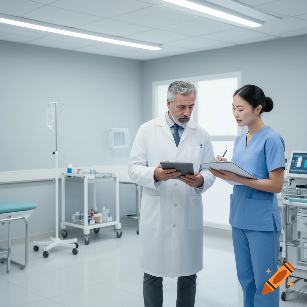 A male doctor and a female nurse collaborate in a bright hospital room, reviewing information on a tablet and clipboard.