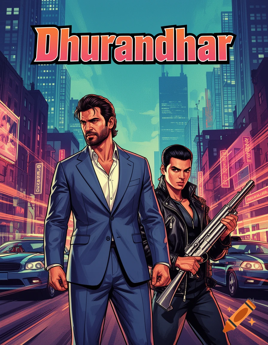 Comic book style illustration of two men, one in a suit and one in a leather jacket holding a shotgun, on a neon-lit city street. The title "Dhurandhar" is at the top.