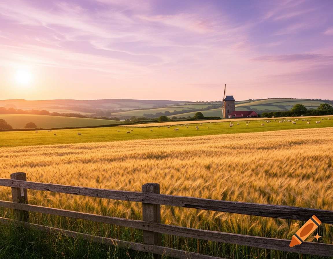 A golden field of wheat and green hills with a windmill and sheep under a vibrant purple sunset, framed by a wooden fence.