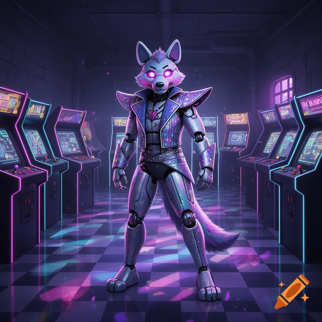 A metallic robot wolf in a purple sparkly jacket stands in a neon-lit arcade with glowing screens, in a synthwave style.