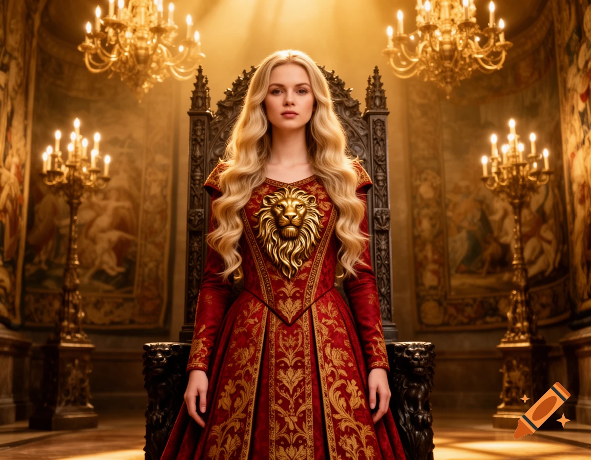 A young woman with long blonde hair, in a red and gold gown with a lion emblem, sits regally on a throne in a lavish golden throne room.