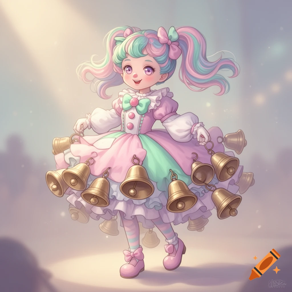 A cute, pastel-colored cartoon female clown with pigtails and a dress covered in golden bells, in a dreamy digital art style.
