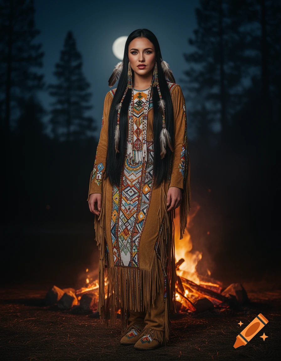 Photorealistic portrait of a woman in elaborate Native American attire, standing by a campfire at night with a full moon and pine trees.